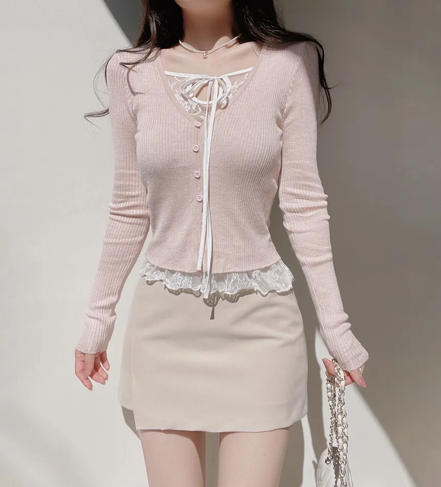 リブVネックリボンボタンレースTシャツ | mirangmirang | 詳細画像23