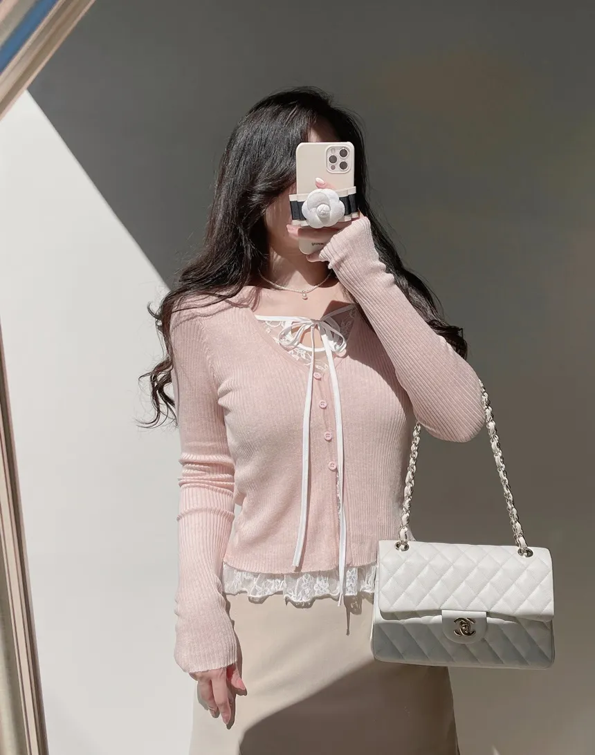 リブVネックリボンボタンレースTシャツ | mirangmirang | 詳細画像27