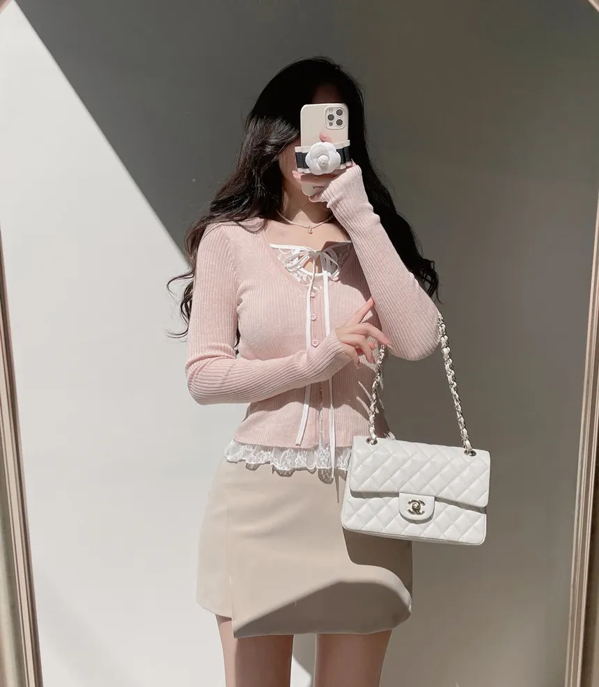 リブVネックリボンボタンレースTシャツ | mirangmirang | 詳細画像30