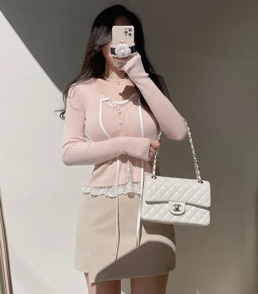 リブVネックリボンボタンレースTシャツ | mirangmirang | 詳細画像31