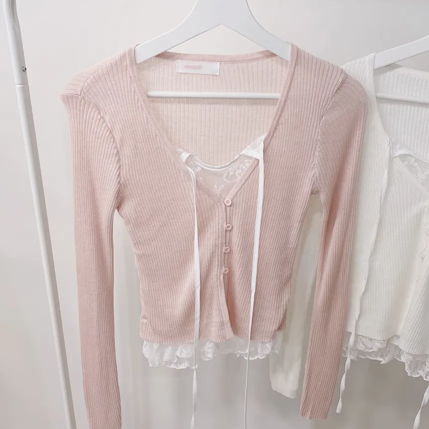 リブVネックリボンボタンレースTシャツ | mirangmirang | 詳細画像33