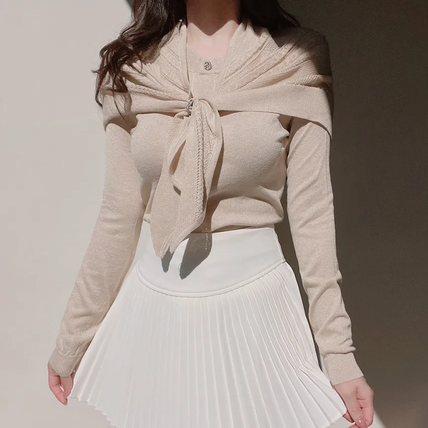 ラウンドネックボタンケープカーディガンブローチ付 | mirangmirang | 詳細画像25