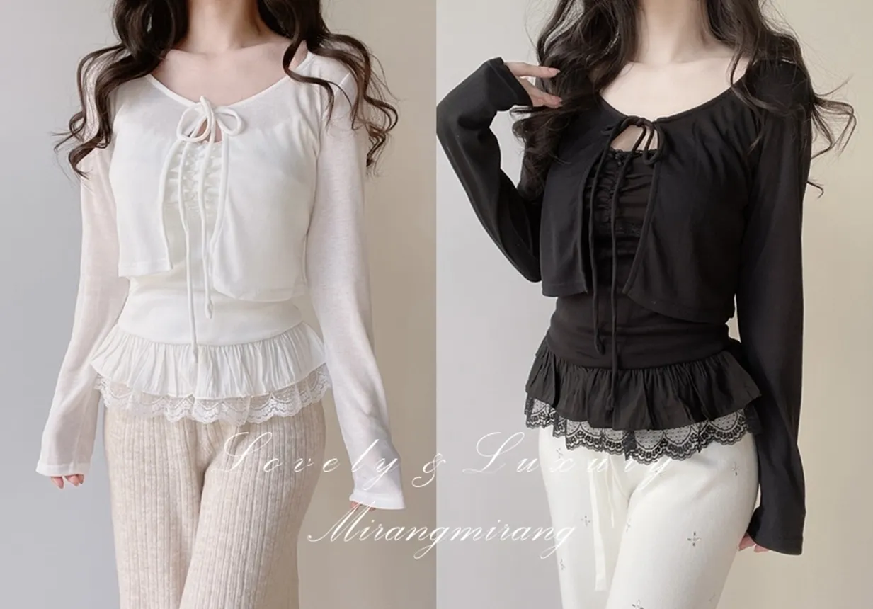 リボンフリルレイヤード風レースカーディガンキャミソール | mirangmirang | 詳細画像1