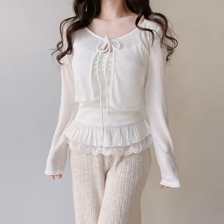 リボンフリルレイヤード風レースカーディガンキャミソール | mirangmirang | 詳細画像2