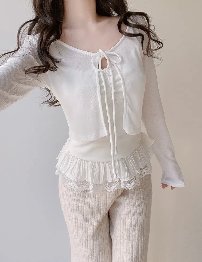 リボンフリルレイヤード風レースカーディガンキャミソール | mirangmirang | 詳細画像3