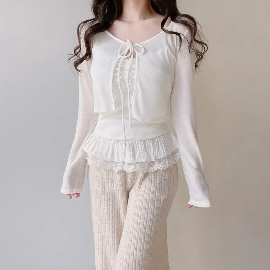 リボンフリルレイヤード風レースカーディガンキャミソール | mirangmirang | 詳細画像4