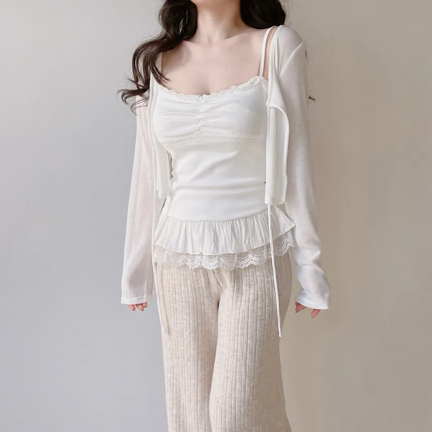 リボンフリルレイヤード風レースカーディガンキャミソール | mirangmirang | 詳細画像14