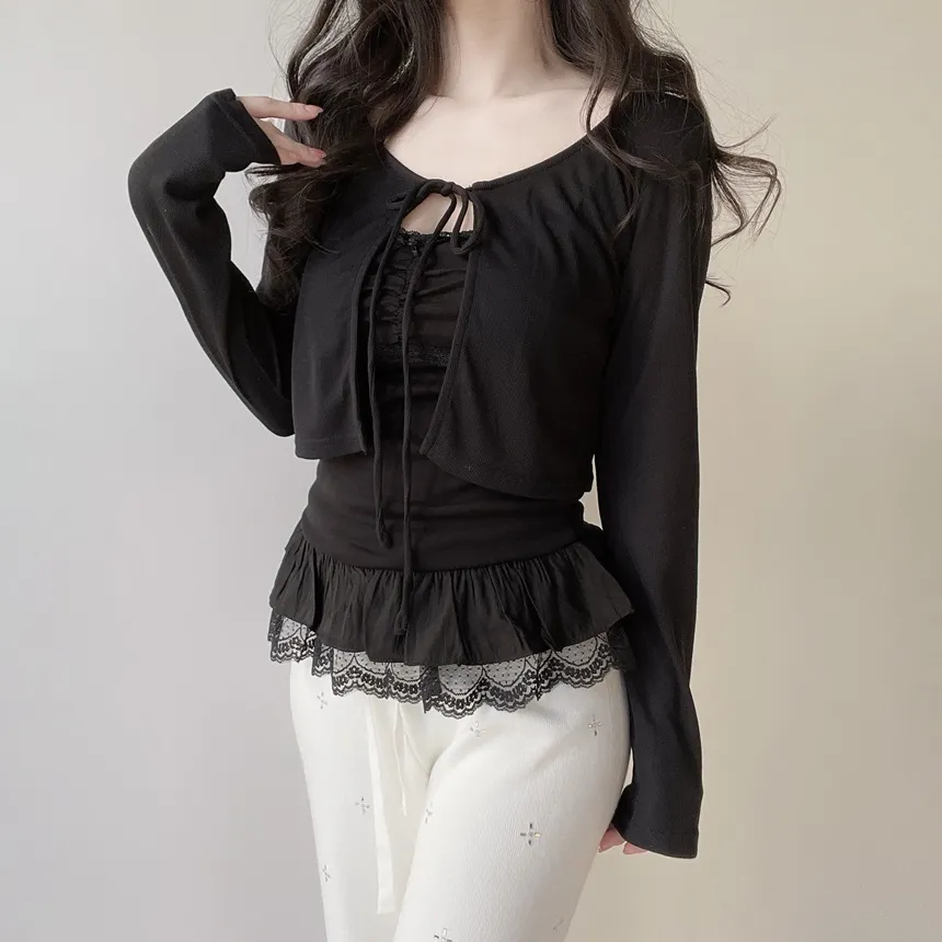 リボンフリルレイヤード風レースカーディガンキャミソール | mirangmirang | 詳細画像25