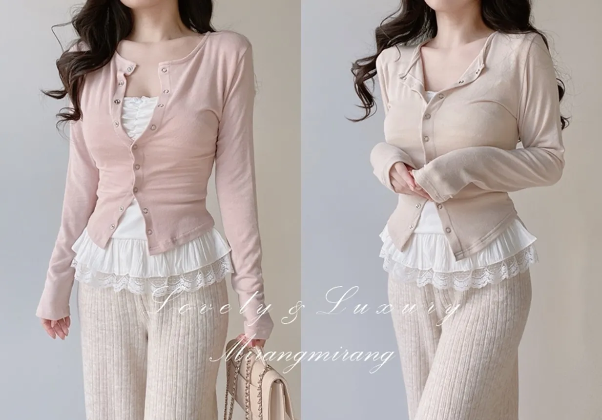 スナップボタンラウンドネック長袖スリムカラーカーディガン | mirangmirang | 詳細画像1