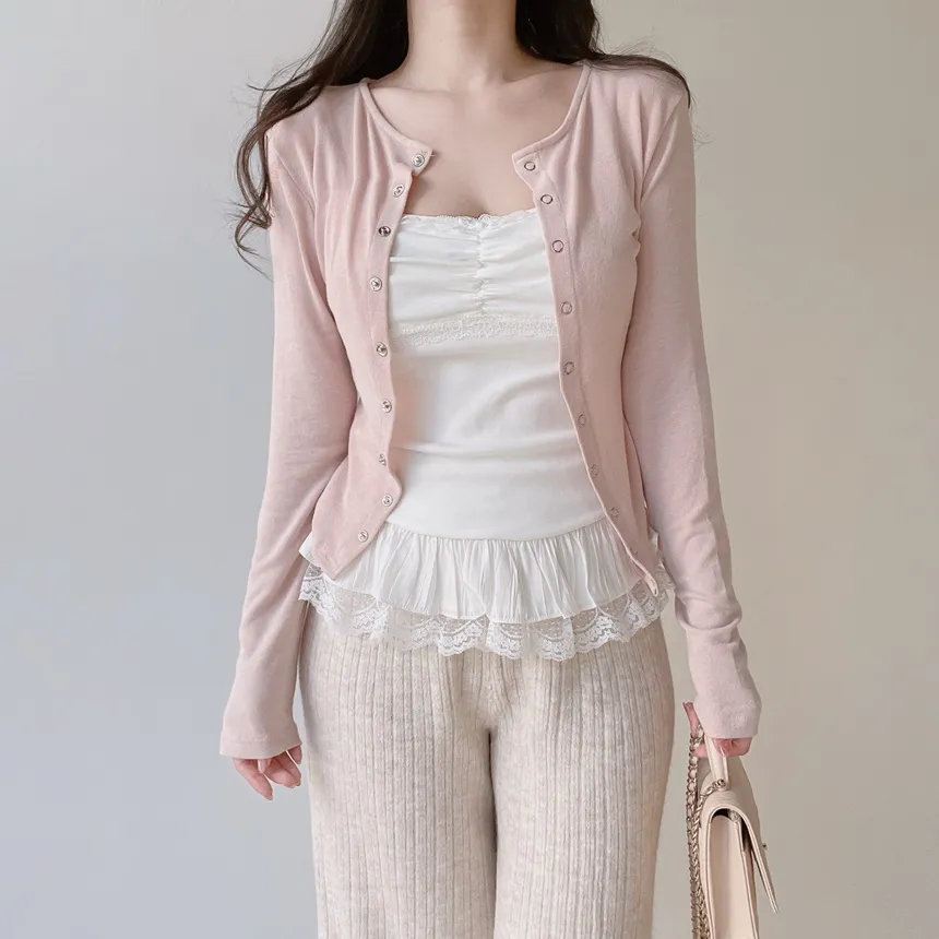 スナップボタンラウンドネック長袖スリムカラーカーディガン | mirangmirang | 詳細画像6