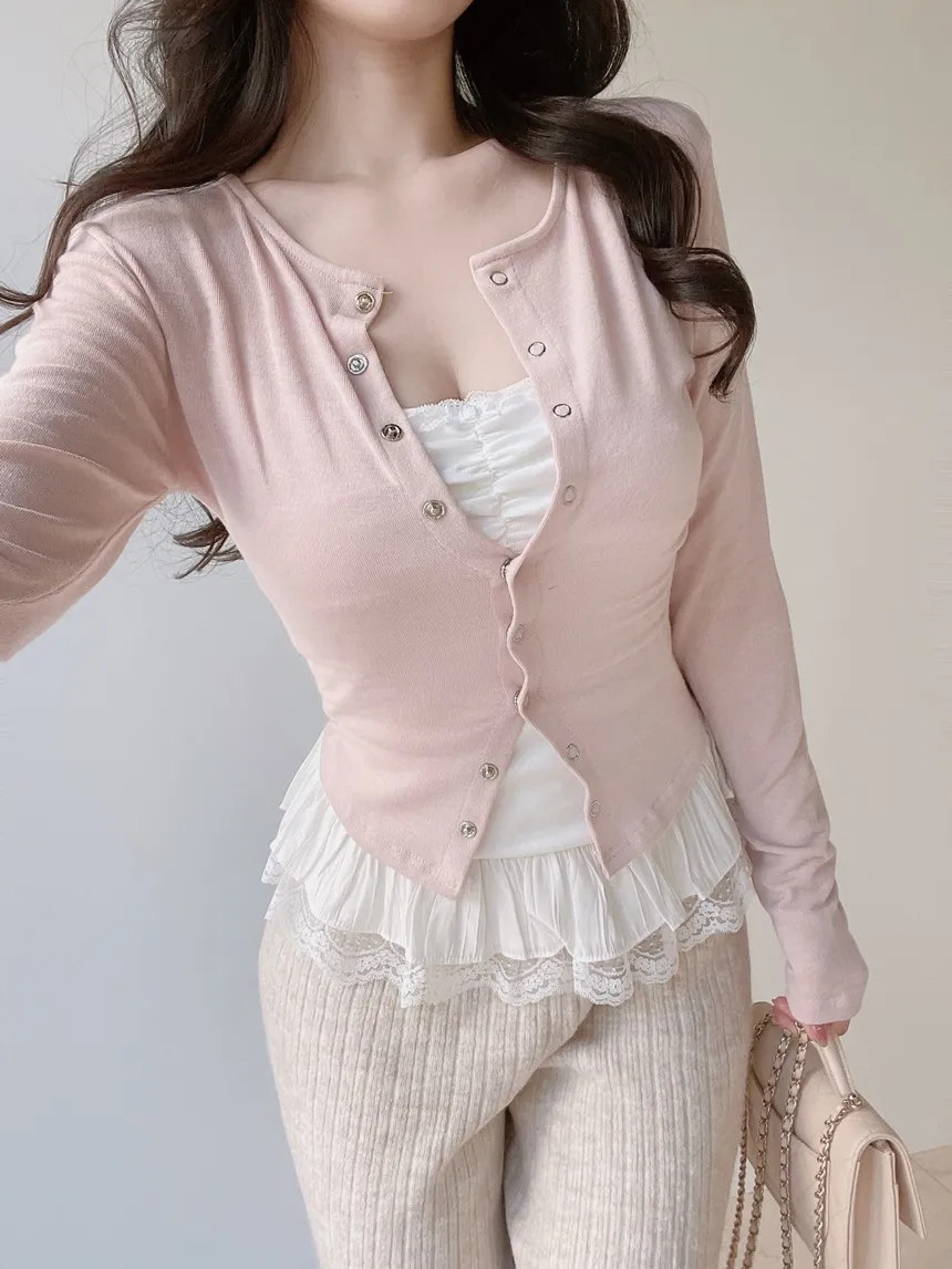 スナップボタンラウンドネック長袖スリムカラーカーディガン | mirangmirang | 詳細画像8