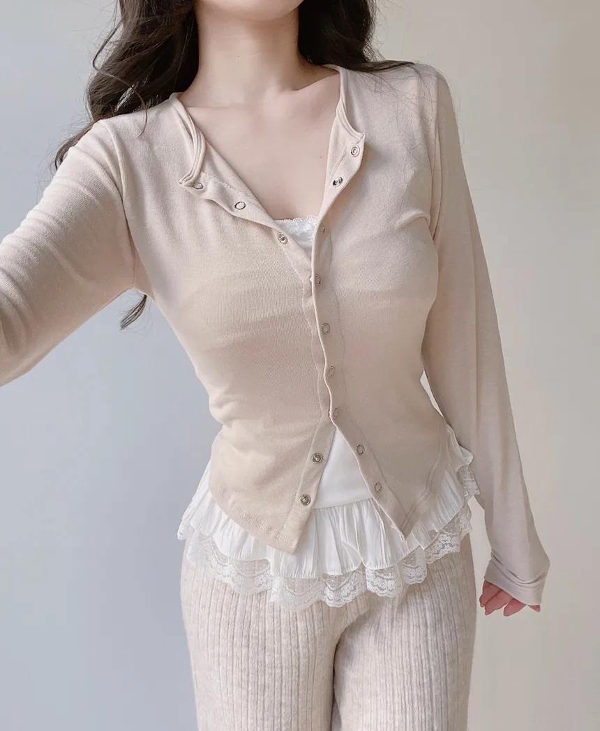 スナップボタンラウンドネック長袖スリムカラーカーディガン | mirangmirang | 詳細画像14