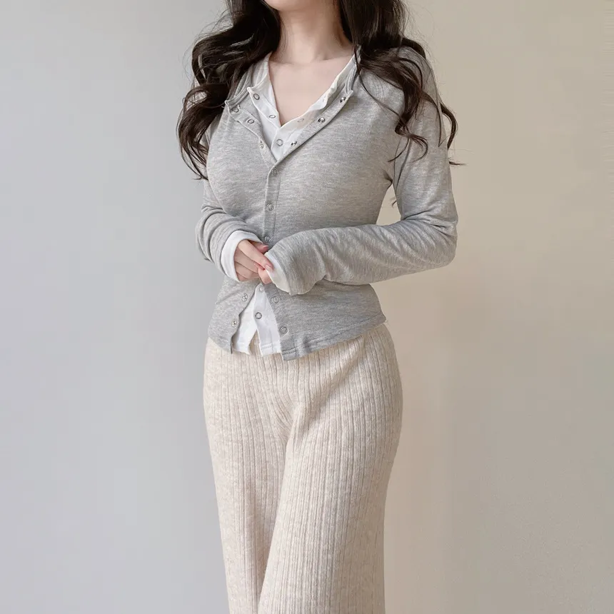 スナップボタンラウンドネック長袖スリムカラーカーディガン | mirangmirang | 詳細画像23