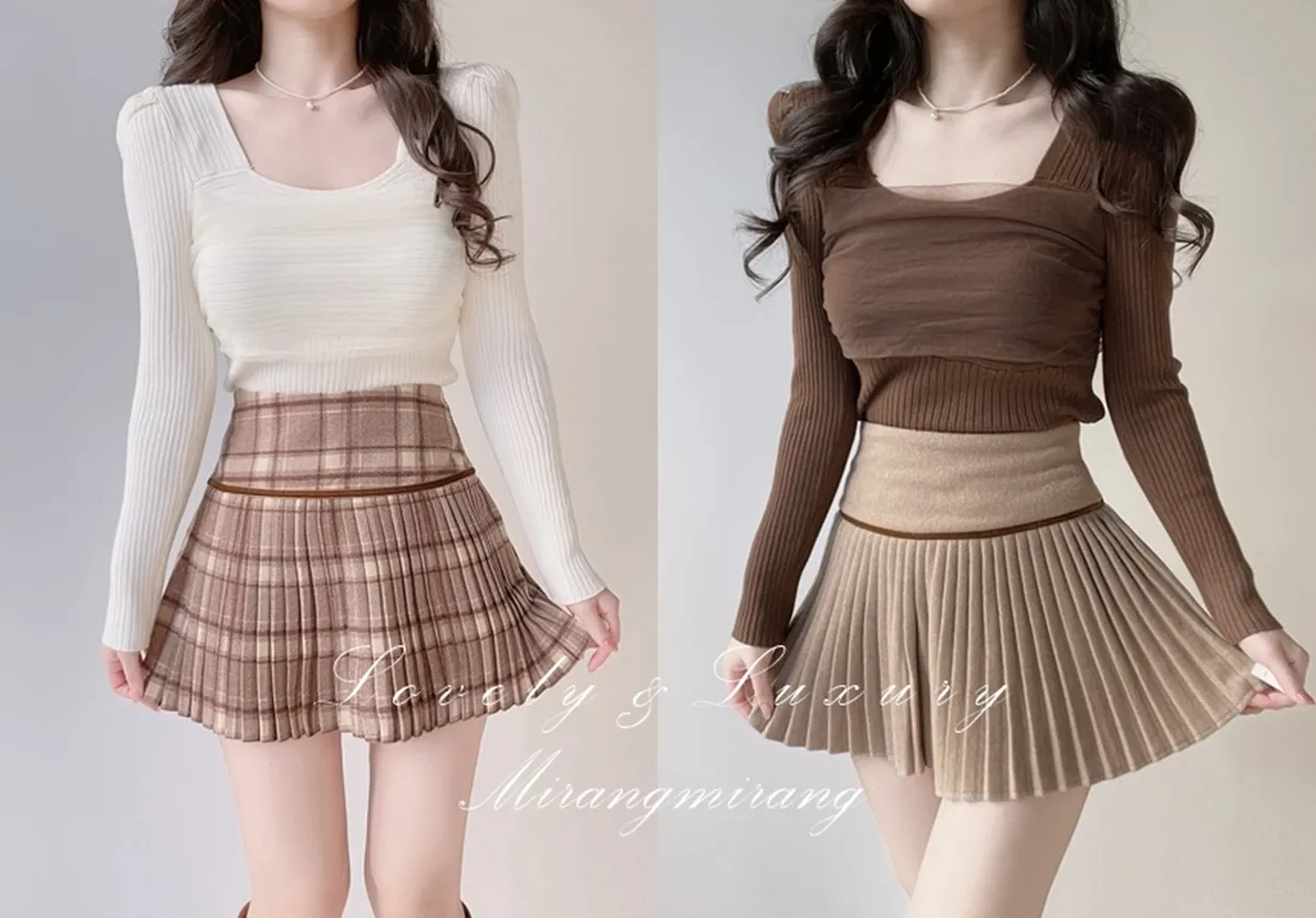 メッシュリブスクエアネック長袖カラーニット | mirangmirang | 詳細画像1