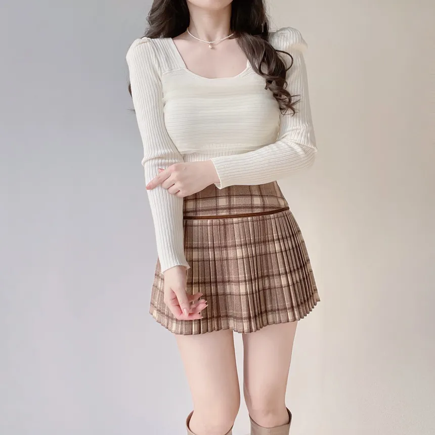 メッシュリブスクエアネック長袖カラーニット | mirangmirang | 詳細画像4