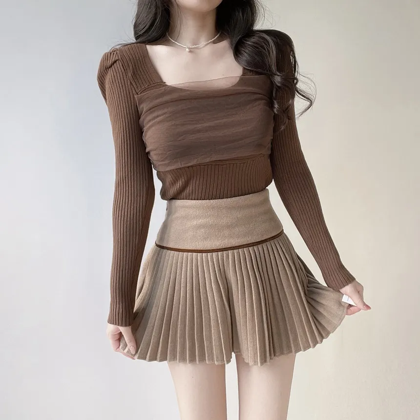 メッシュリブスクエアネック長袖カラーニット | mirangmirang | 詳細画像14