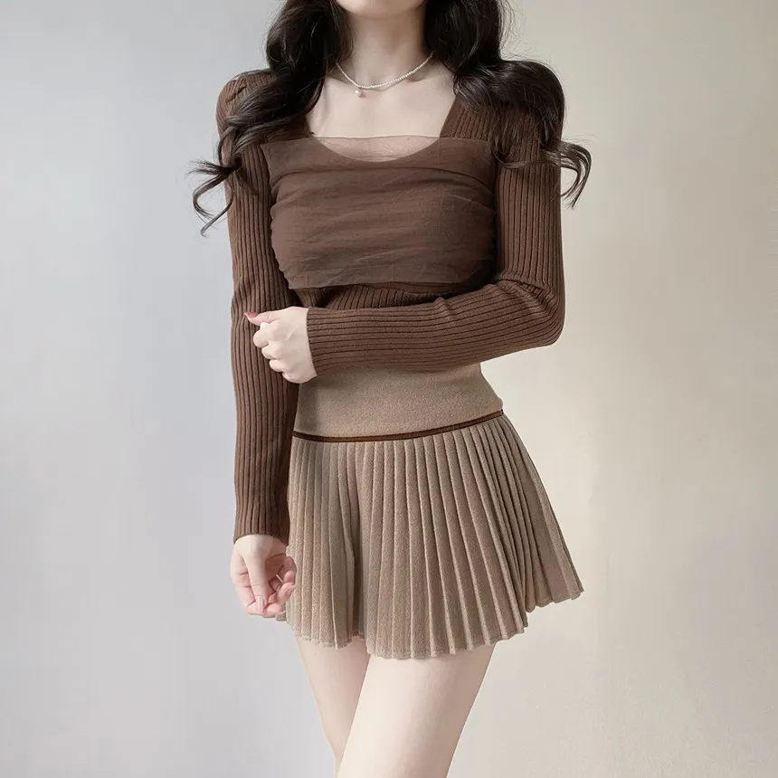 メッシュリブスクエアネック長袖カラーニット | mirangmirang | 詳細画像15