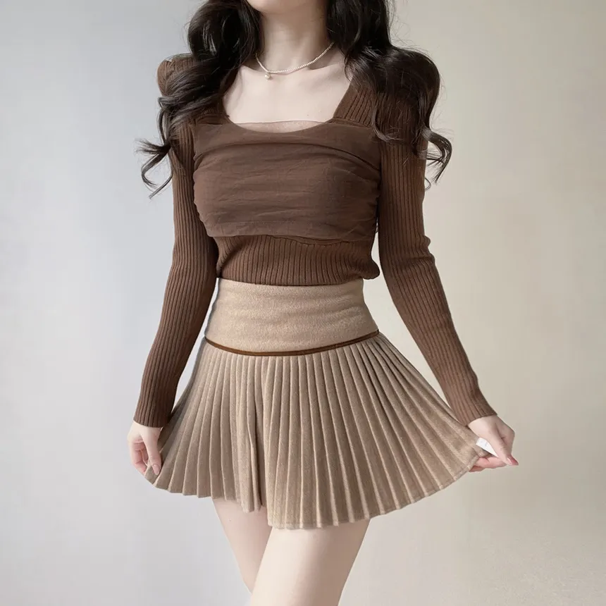 メッシュリブスクエアネック長袖カラーニット | mirangmirang | 詳細画像16