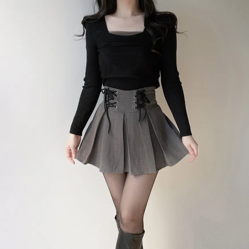 メッシュリブスクエアネック長袖カラーニット | mirangmirang | 詳細画像20