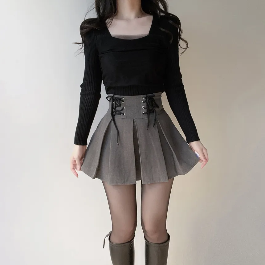 メッシュリブスクエアネック長袖カラーニット | mirangmirang | 詳細画像31