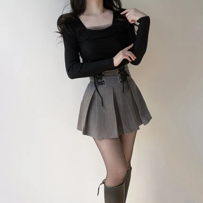 メッシュリブスクエアネック長袖カラーニット | mirangmirang | 詳細画像32