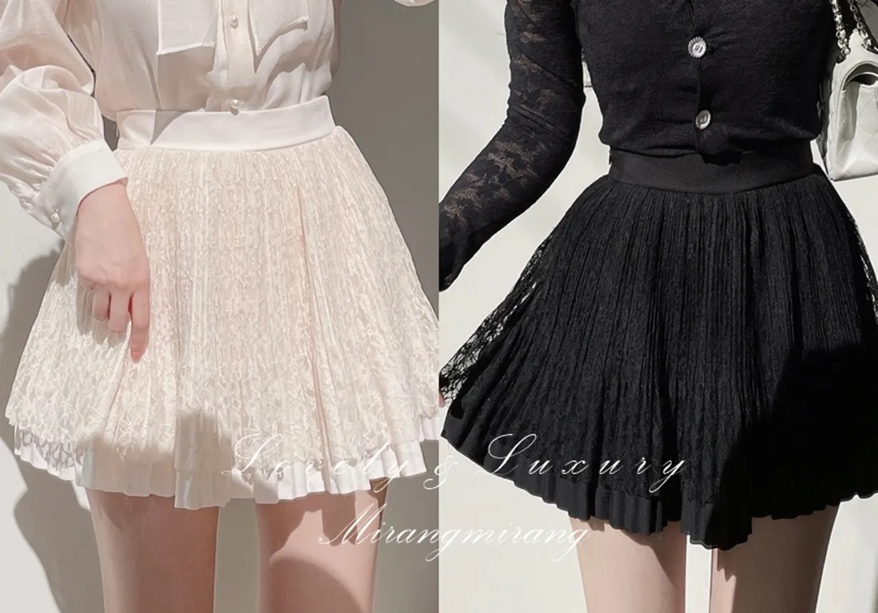 ウエストゴムフレアプリーツミニAラインレーススカート | mirangmirang | 詳細画像1