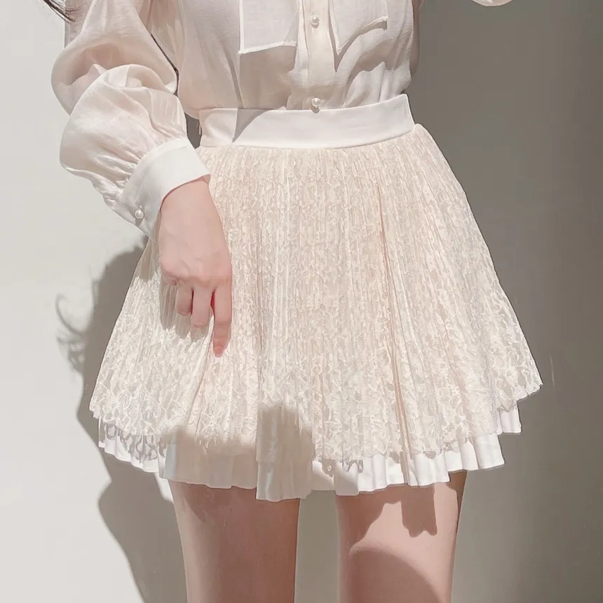 ウエストゴムフレアプリーツミニAラインレーススカート | mirangmirang | 詳細画像2