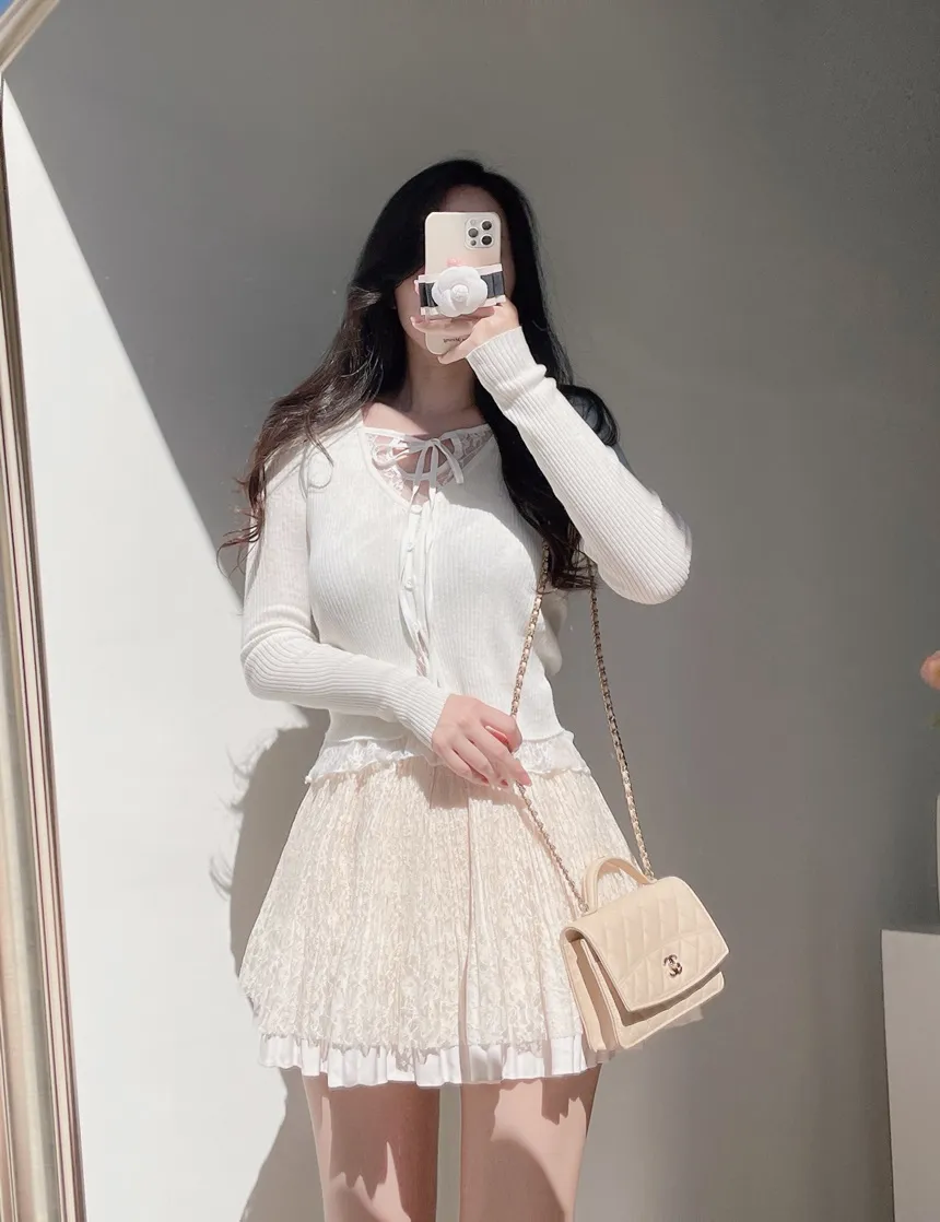 ウエストゴムフレアプリーツミニAラインレーススカート | mirangmirang | 詳細画像12