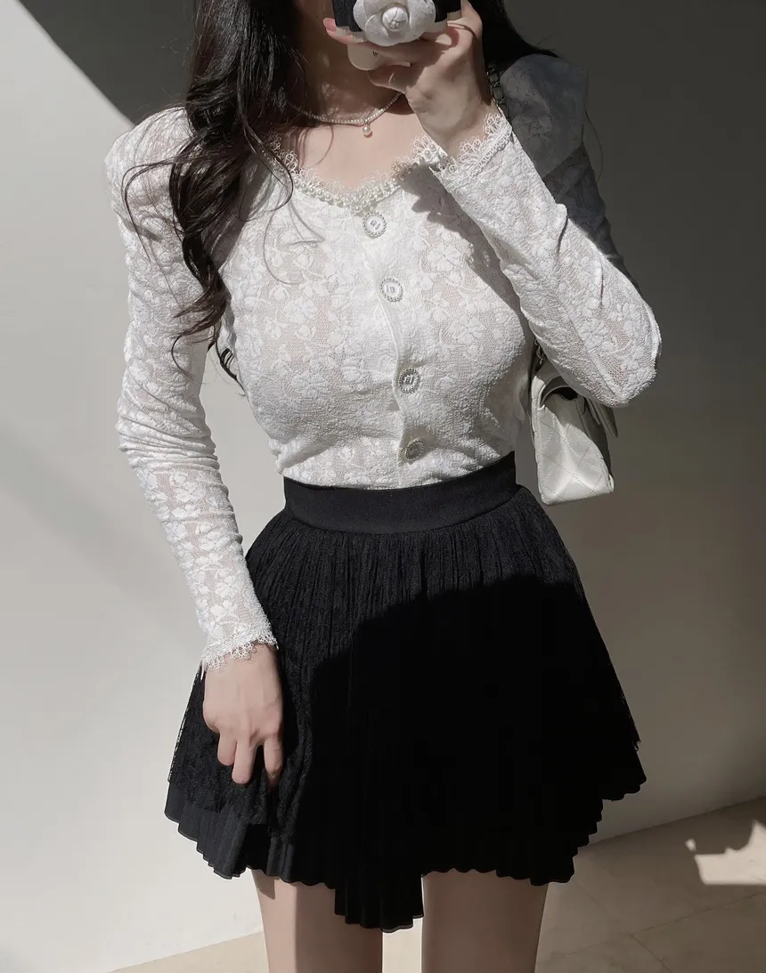 ウエストゴムフレアプリーツミニAラインレーススカート | mirangmirang | 詳細画像22