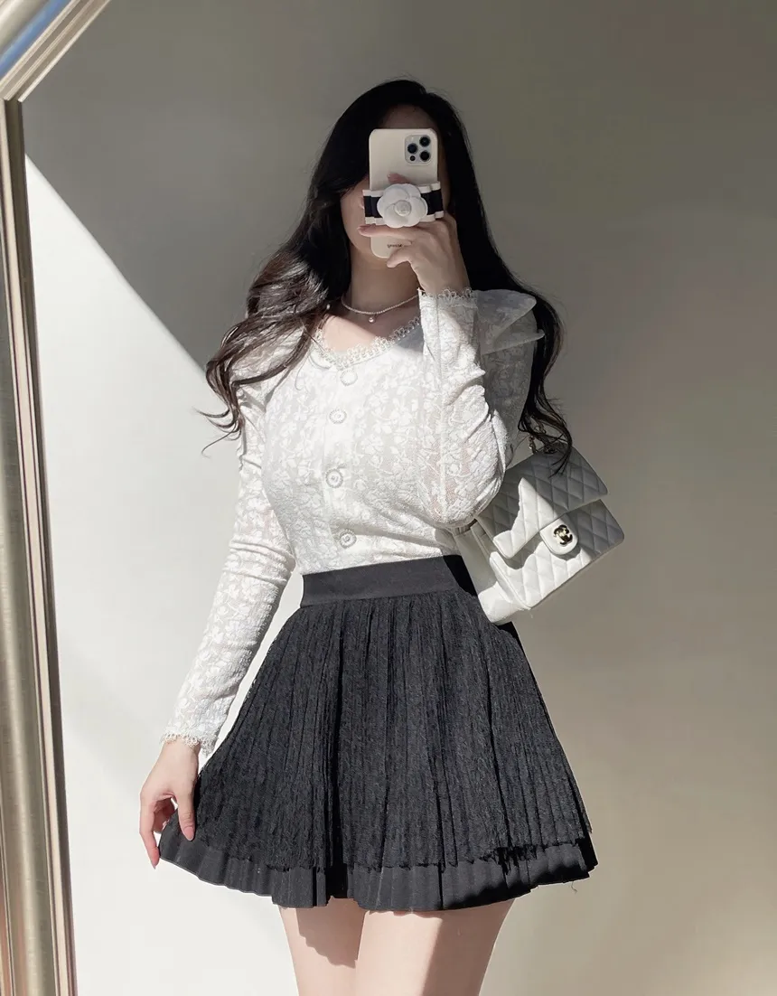 ウエストゴムフレアプリーツミニAラインレーススカート | mirangmirang | 詳細画像24