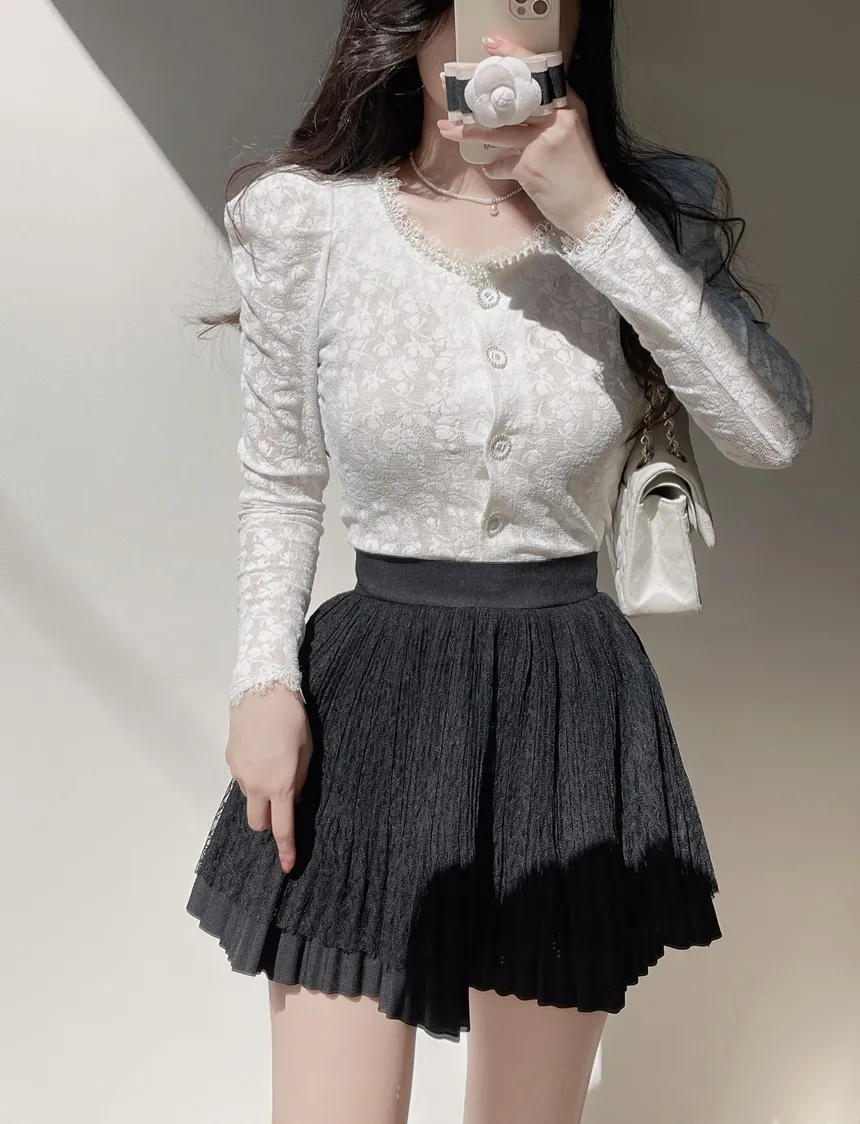 ウエストゴムフレアプリーツミニAラインレーススカート | mirangmirang | 詳細画像26