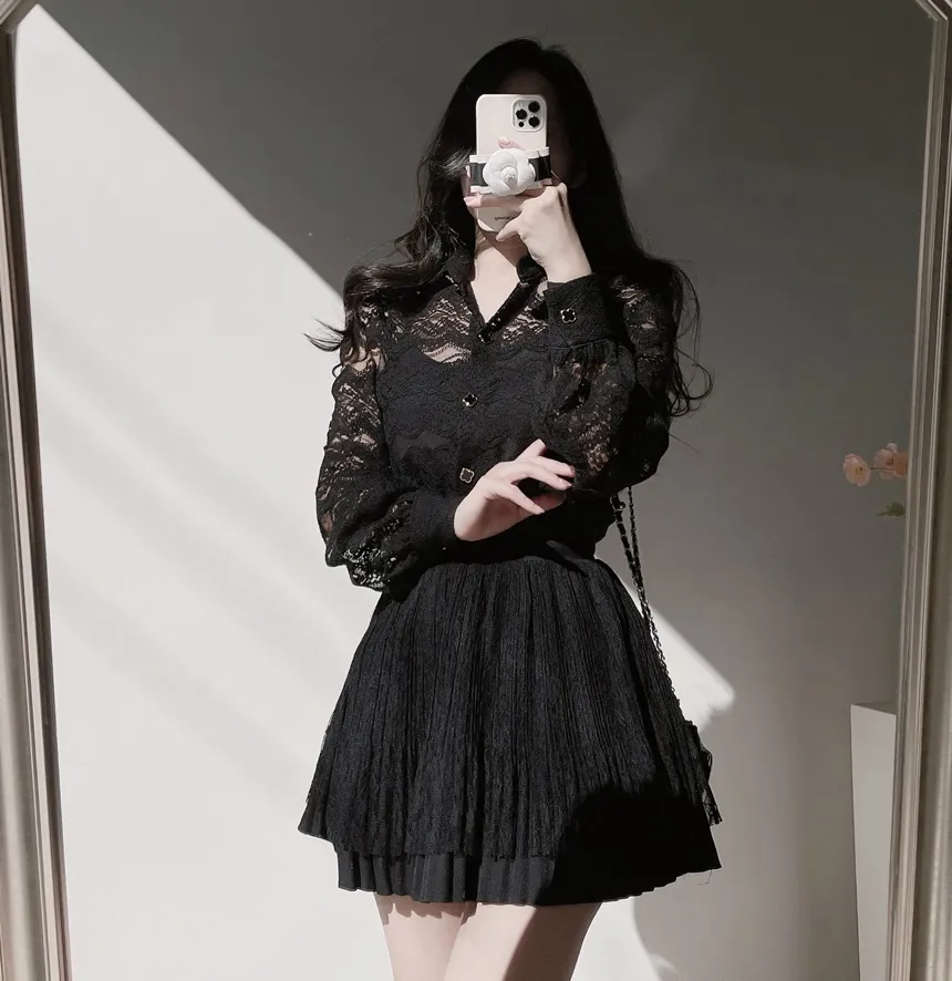 ウエストゴムフレアプリーツミニAラインレーススカート | mirangmirang | 詳細画像46