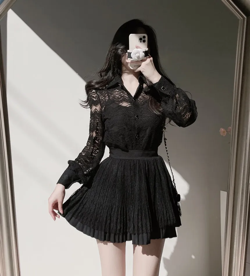 ウエストゴムフレアプリーツミニAラインレーススカート | mirangmirang | 詳細画像47