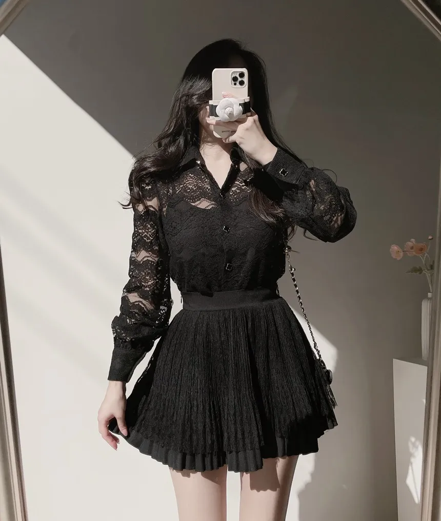 ウエストゴムフレアプリーツミニAラインレーススカート | mirangmirang | 詳細画像48