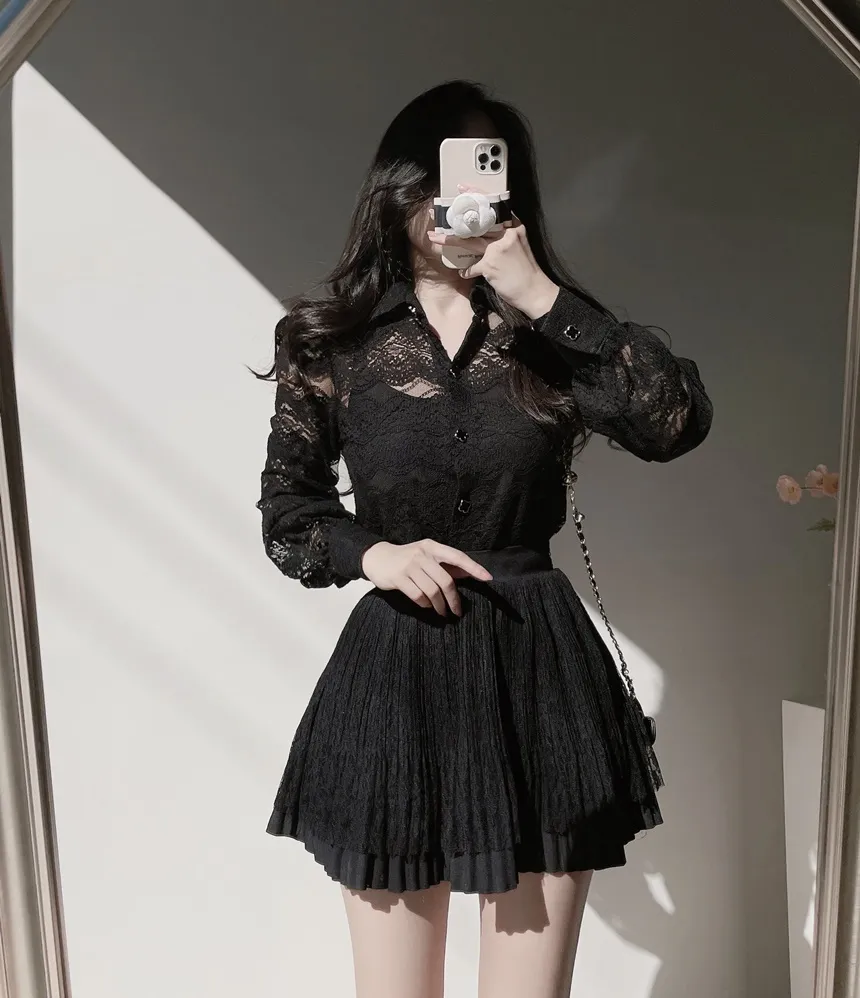 ウエストゴムフレアプリーツミニAラインレーススカート | mirangmirang | 詳細画像49