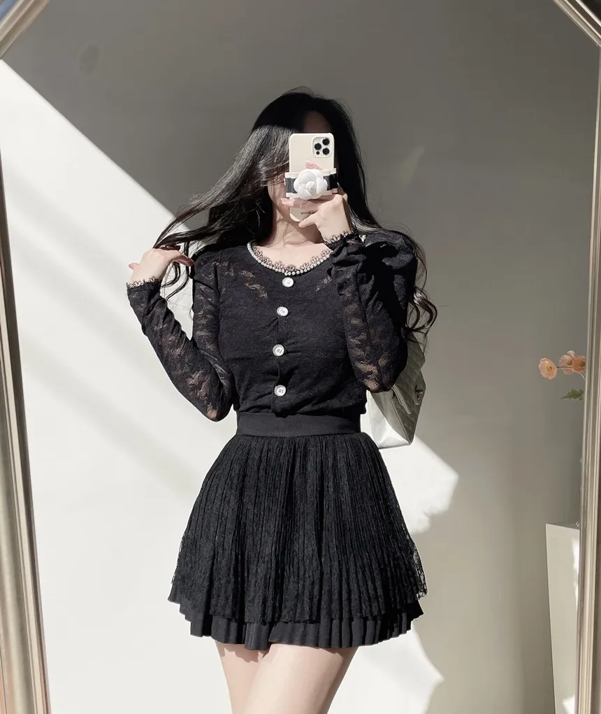 ウエストゴムフレアプリーツミニAラインレーススカート | mirangmirang | 詳細画像53