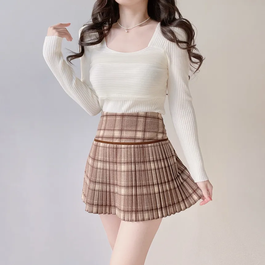 メルトンタッチミニAラインプリーツサイドジップカラーチェックスカート | mirangmirang | 詳細画像46