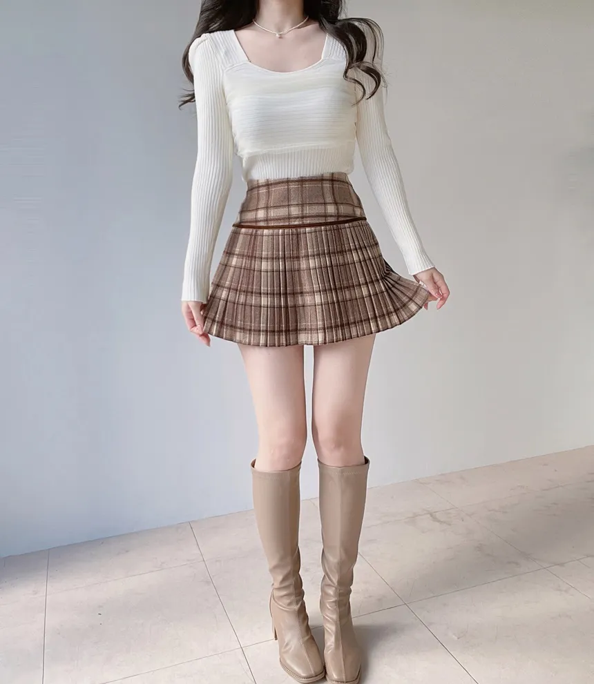 メルトンタッチミニAラインプリーツサイドジップカラーチェックスカート | mirangmirang | 詳細画像61