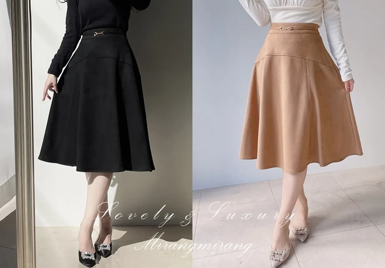 スエード調ミディフレアAラインバックゴムカラースカート | mirangmirang | 詳細画像1