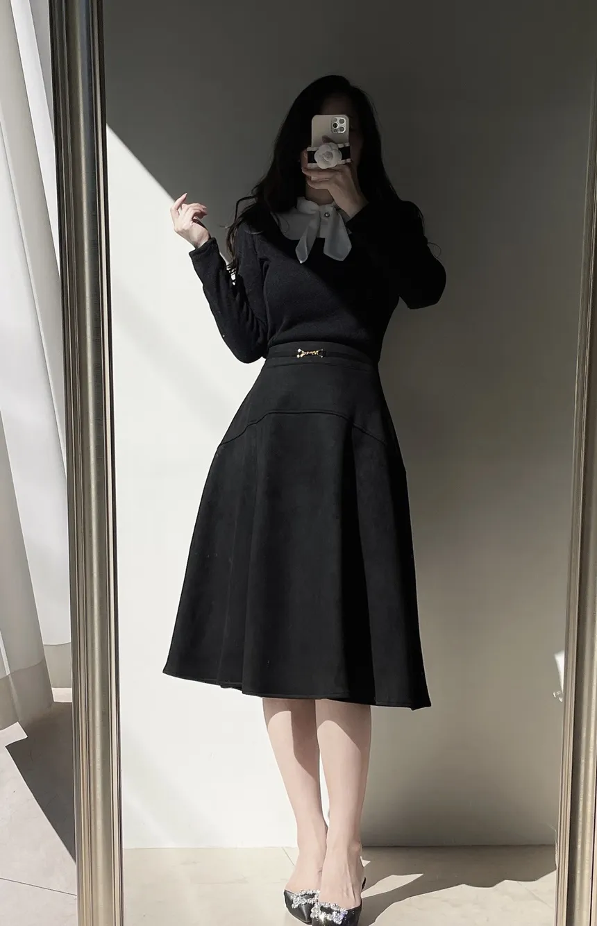 スエード調ミディフレアAラインバックゴムカラースカート | mirangmirang | 詳細画像19