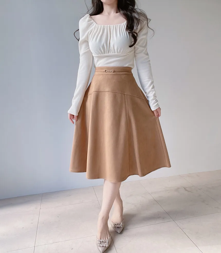 スエード調ミディフレアAラインバックゴムカラースカート | mirangmirang | 詳細画像24