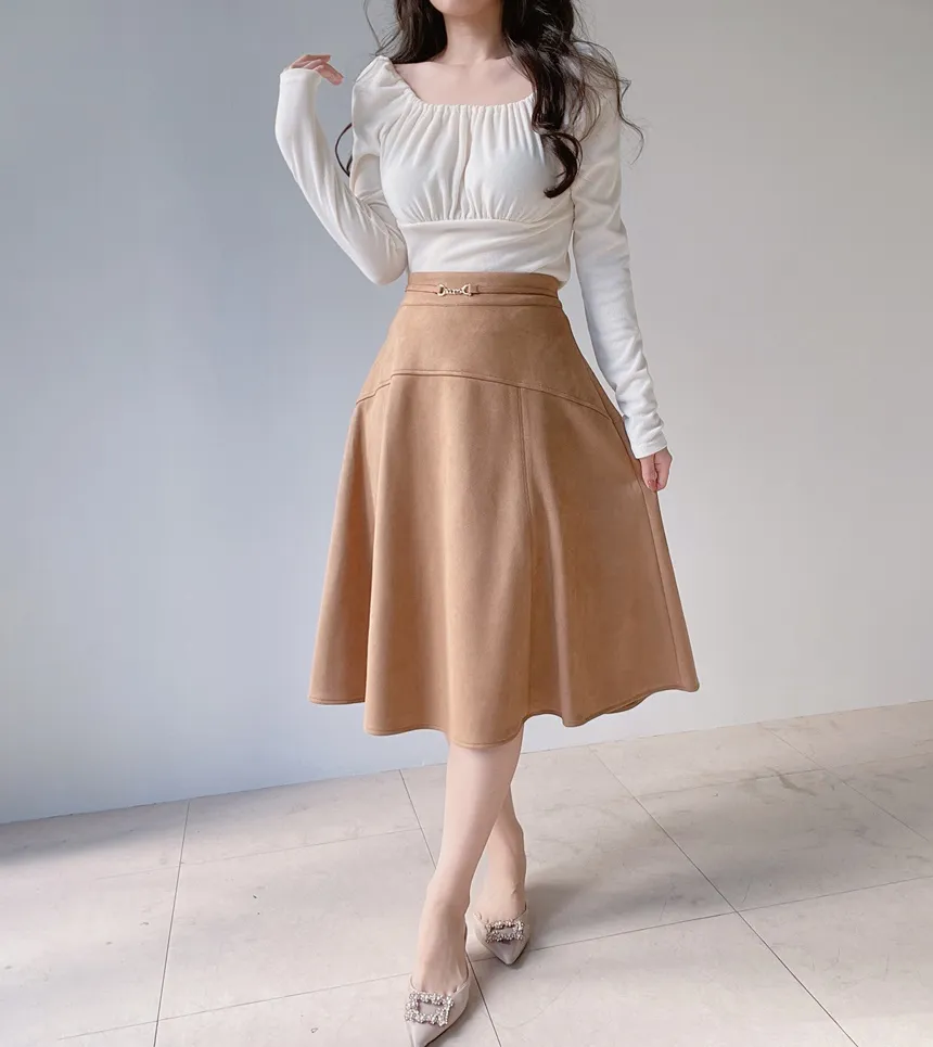 スエード調ミディフレアAラインバックゴムカラースカート | mirangmirang | 詳細画像28