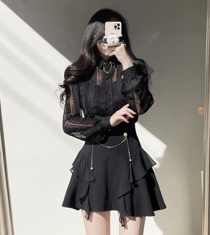 カラーボタン長袖ペンダントブラウス | mirangmirang | 詳細画像2