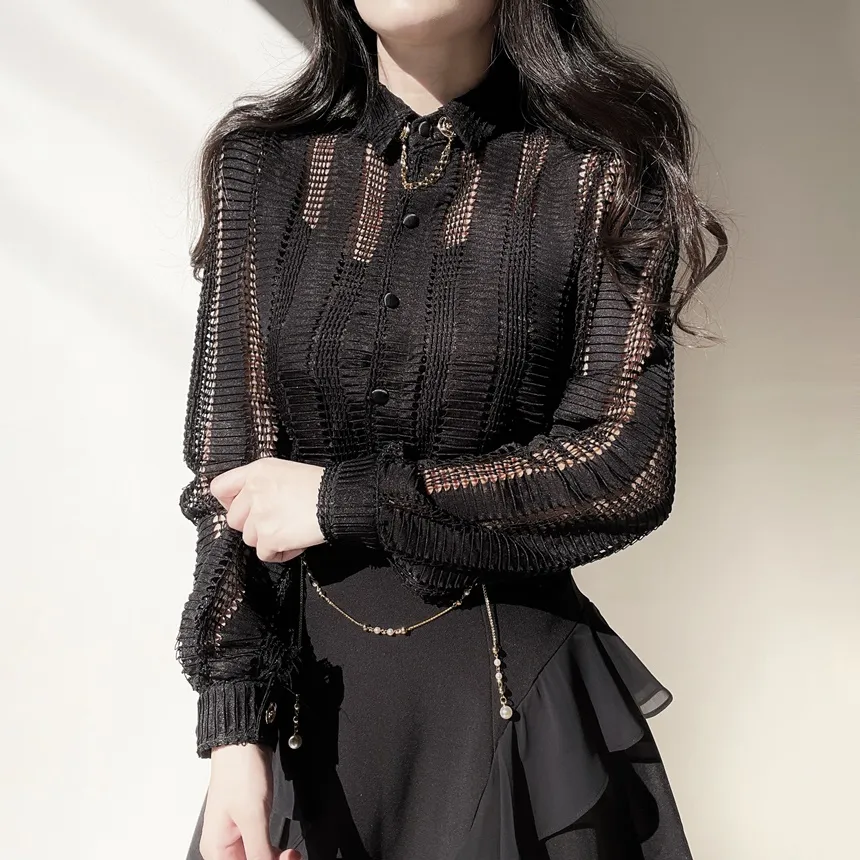 カラーボタン長袖ペンダントブラウス | mirangmirang | 詳細画像8