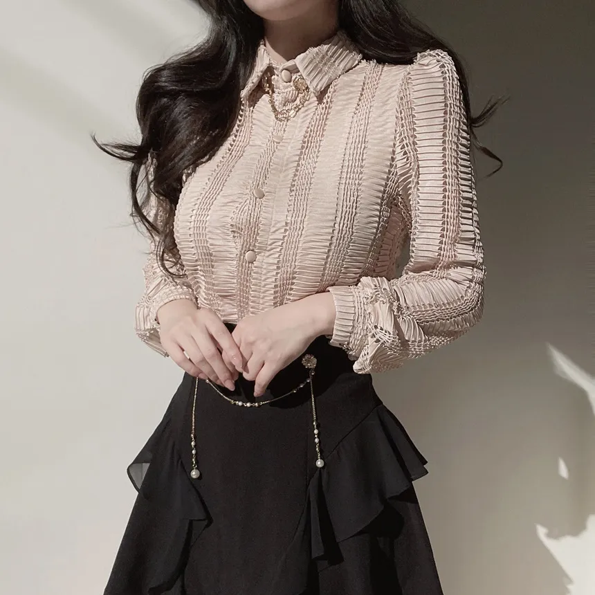 カラーボタン長袖ペンダントブラウス | mirangmirang | 詳細画像12