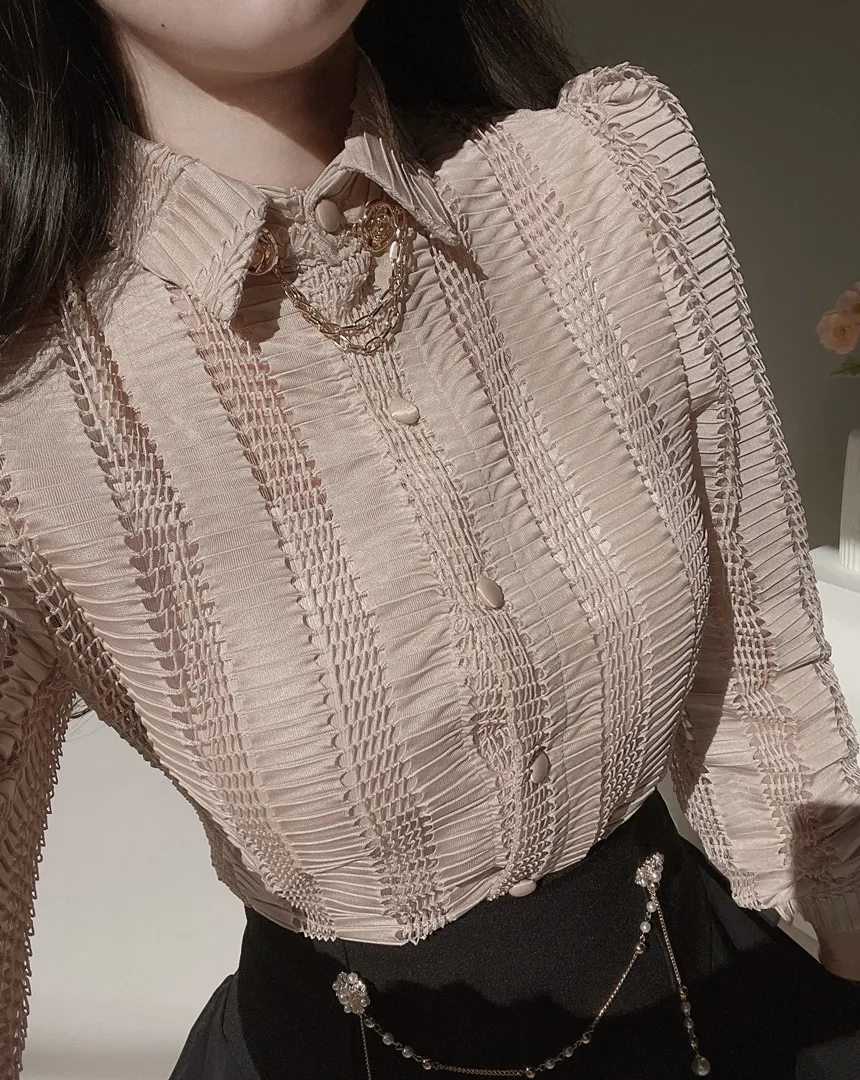 カラーボタン長袖ペンダントブラウス | mirangmirang | 詳細画像15