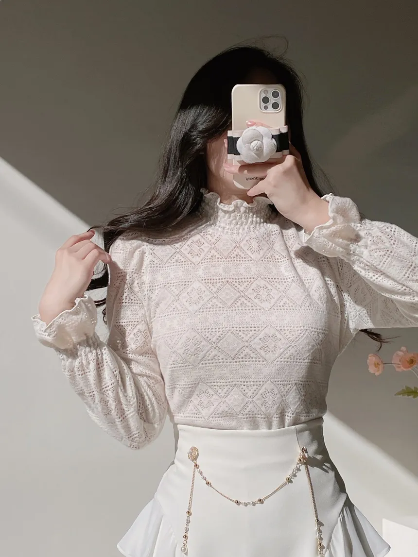 シャーリングタートルネック長袖ベルスリーブカラーブラウス | mirangmirang | 詳細画像6