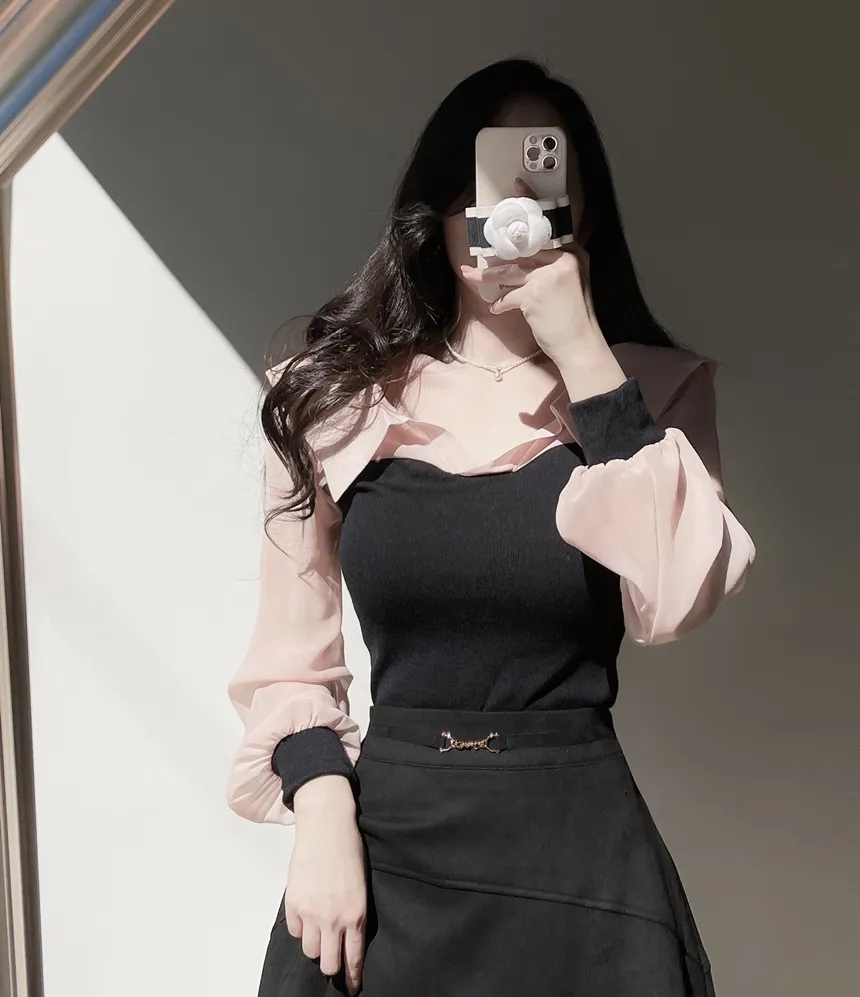 カラーオフショルダー配色カラーブラウス | mirangmirang | 詳細画像3