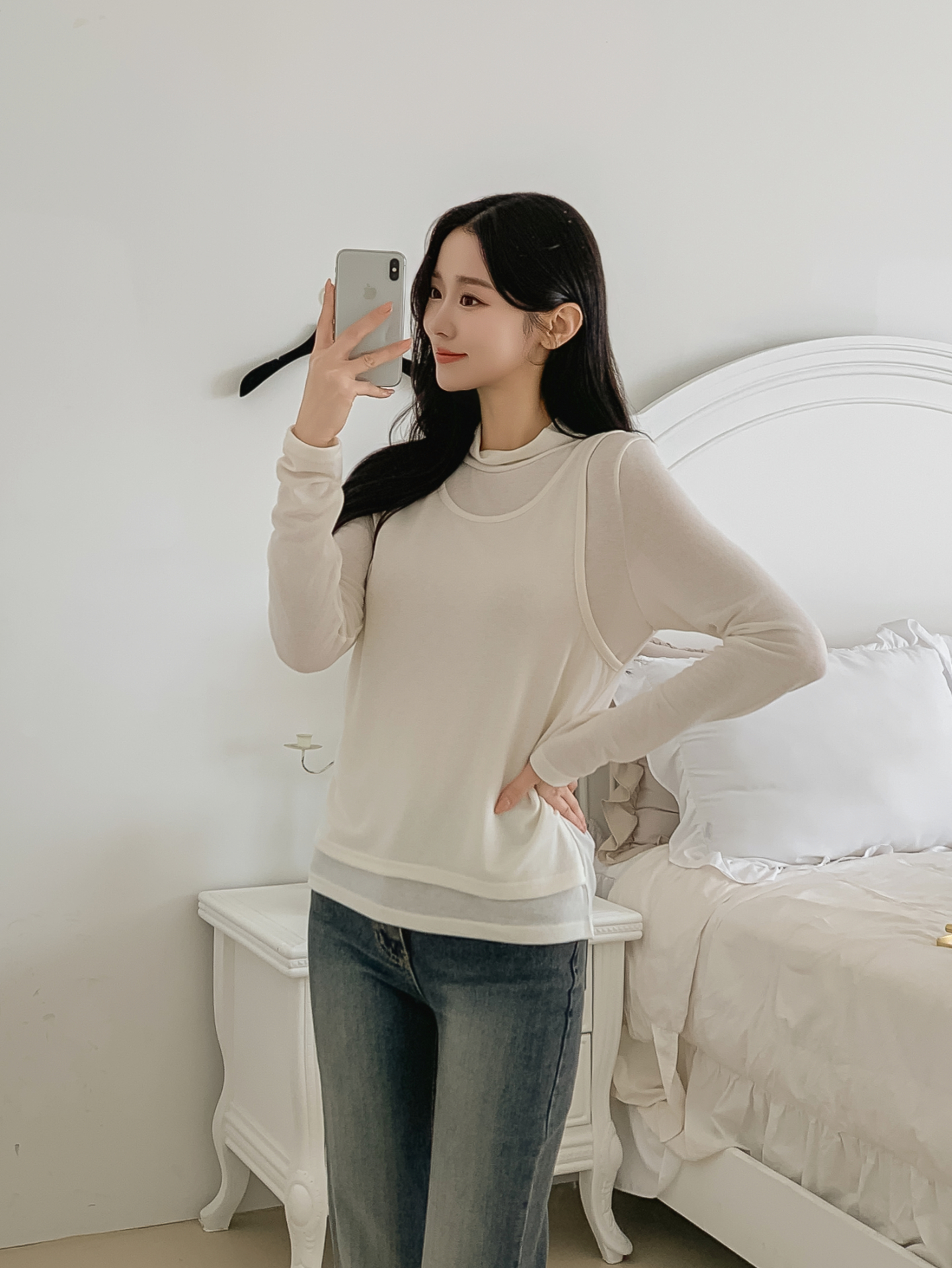 ラウンドネックスリムレイヤード風長袖Tシャツ | 詳細画像18