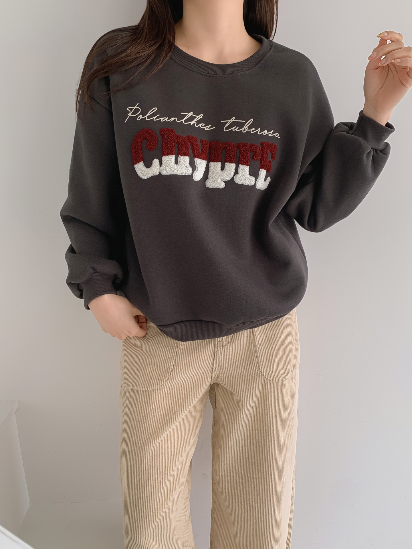 裏起毛ブークレ配色ラウンドネックルーズ長袖スウェット | 詳細画像9